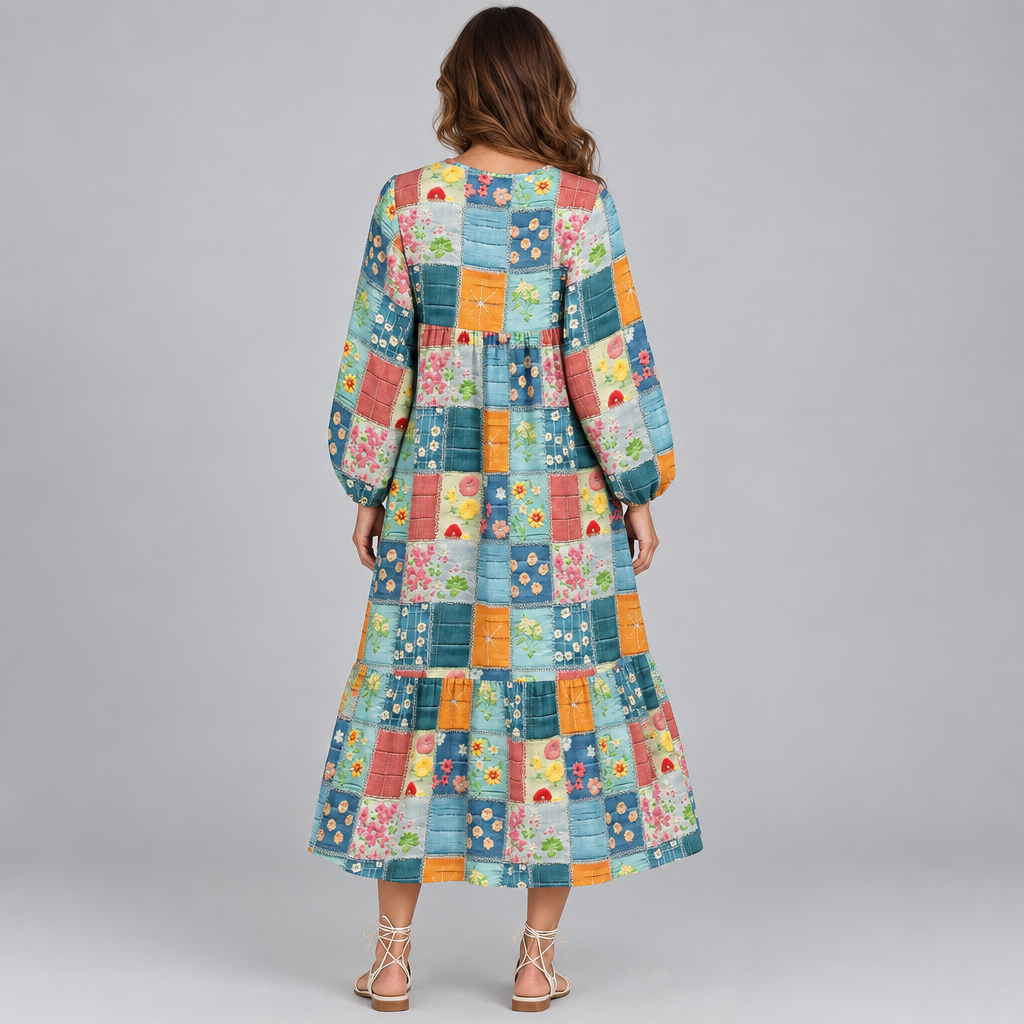 Floral Checkered V-Neck Dress