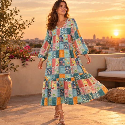 Floral Checkered V-Neck Dress