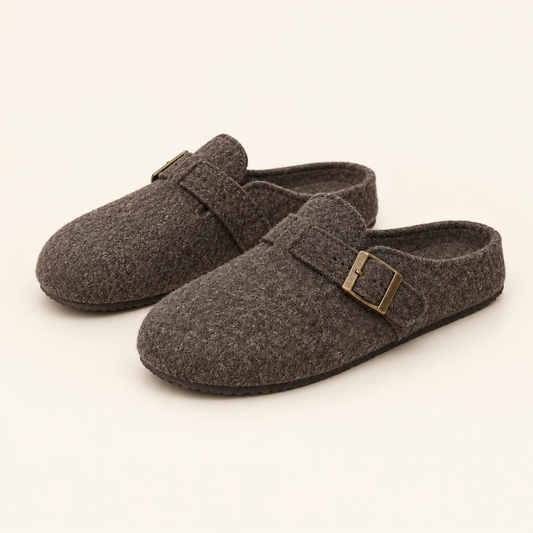 Brown buckle decor round toe slippers, studio view