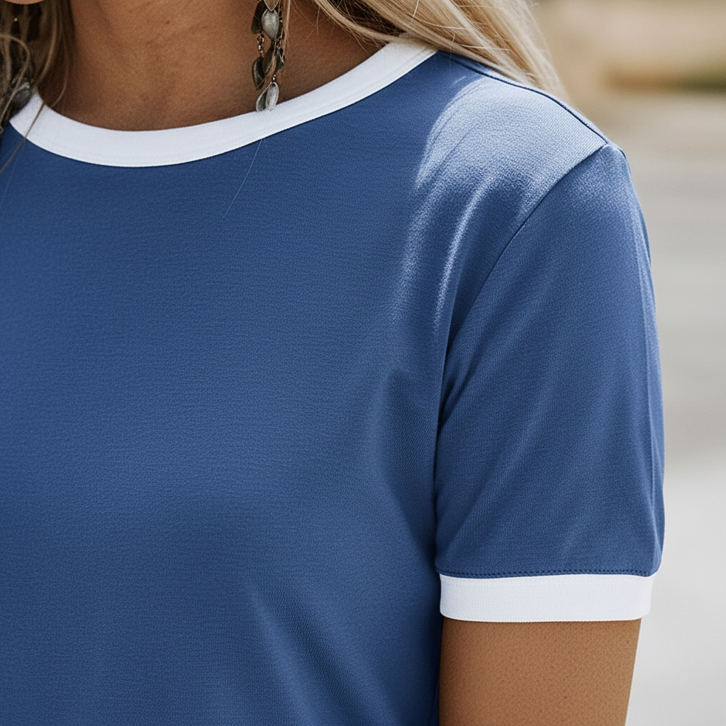 Dark blue contrast trim t-shirt - trim detail close-up