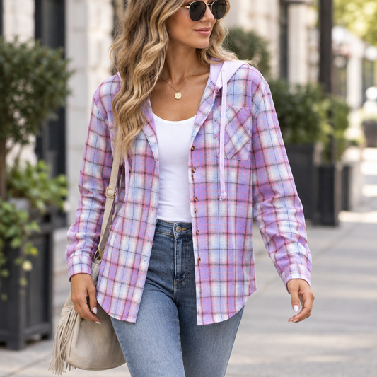Purple plaid button-up hooded shirt styled on a city street