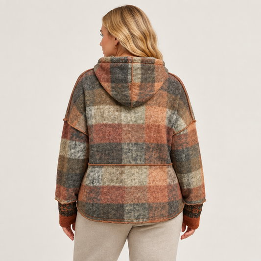 Tangerine plaid dropped-shoulder fleece hoodie, back