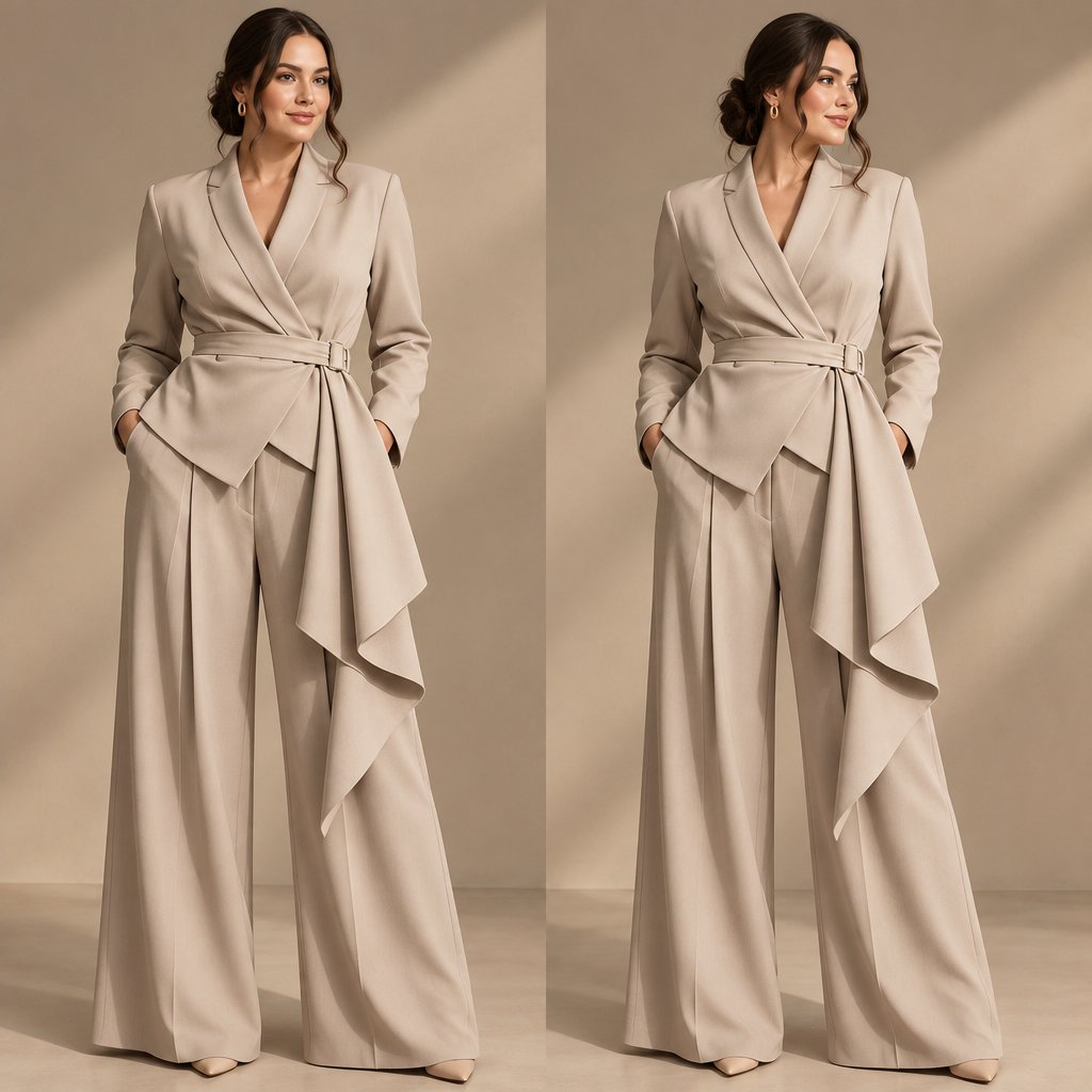 Plus-size beige belted blazer and wide-leg pants set in a premium campaign view