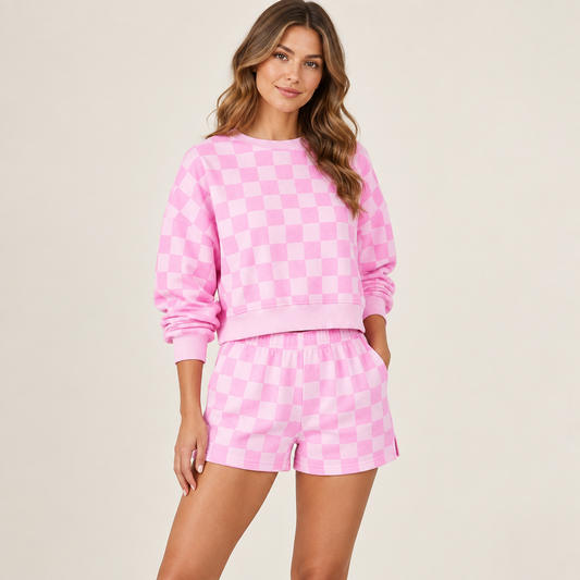 Pink checkerboard top and shorts set, three-quarter view