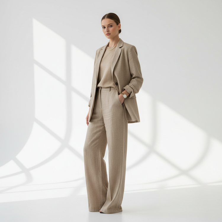 Beige linen blazer & wide-leg trousers