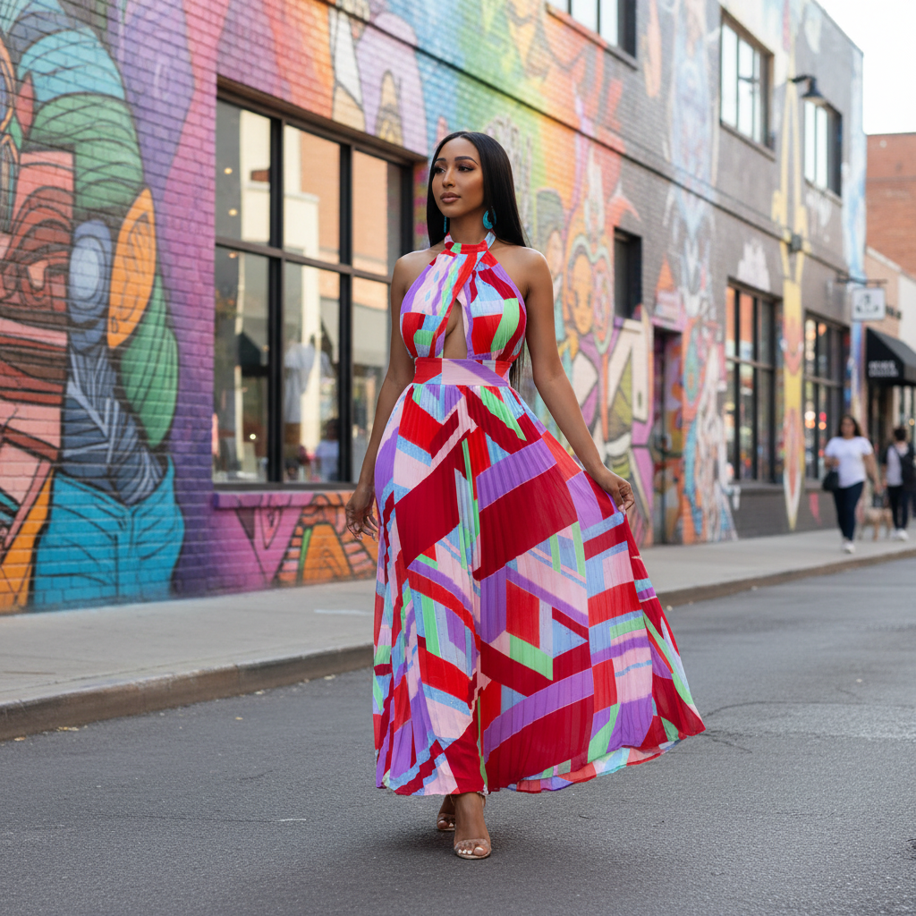 Halter Neck Geometric Print Pleated Maxi Dress