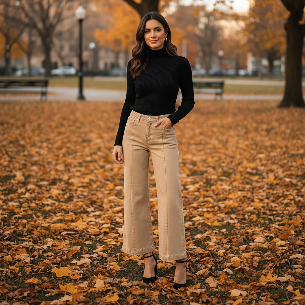 Solid Color Seamed Center Wide Leg Cropped Jeans