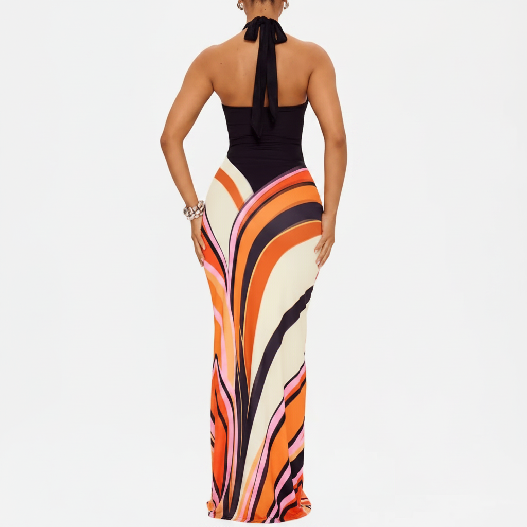 Halter Neck Maxi Dress with Abstract Print