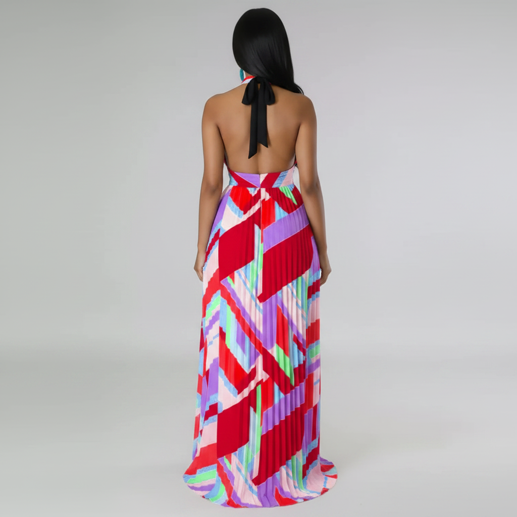Halter Neck Geometric Print Pleated Maxi Dress