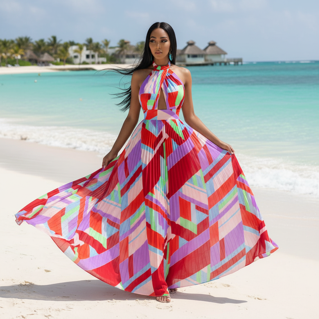 Halter Neck Geometric Print Pleated Maxi Dress