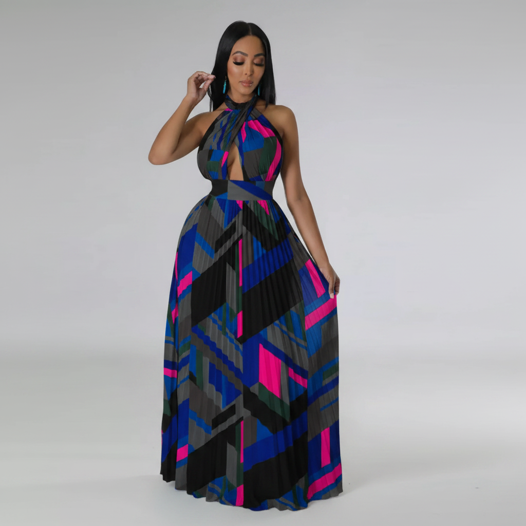 Halter Neck Geometric Print Pleated Maxi Dress