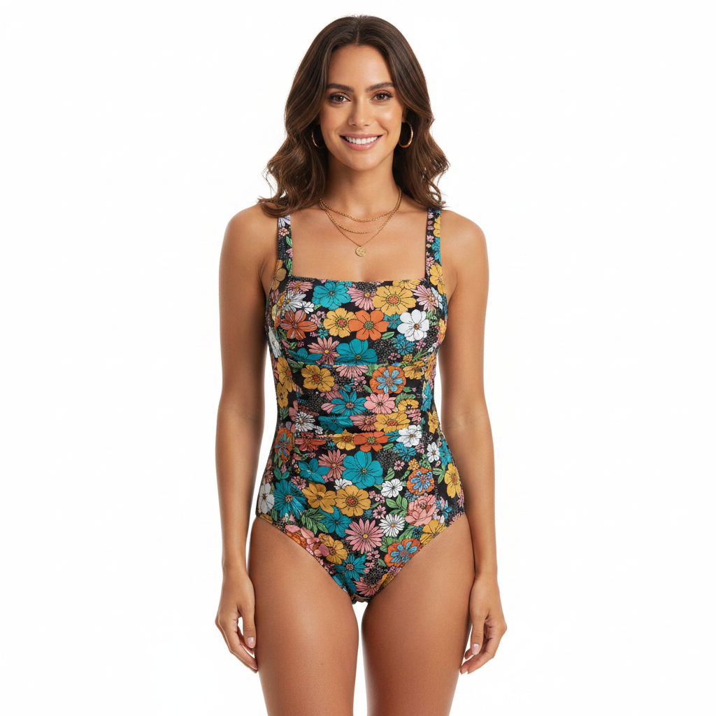 Printed Square Neck Wide Strap One-Piece Swimwear