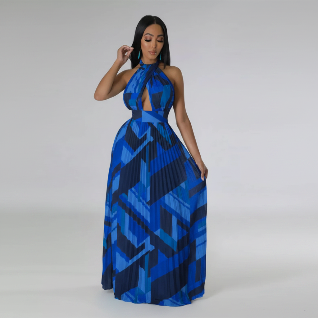 Halter Neck Geometric Print Pleated Maxi Dress