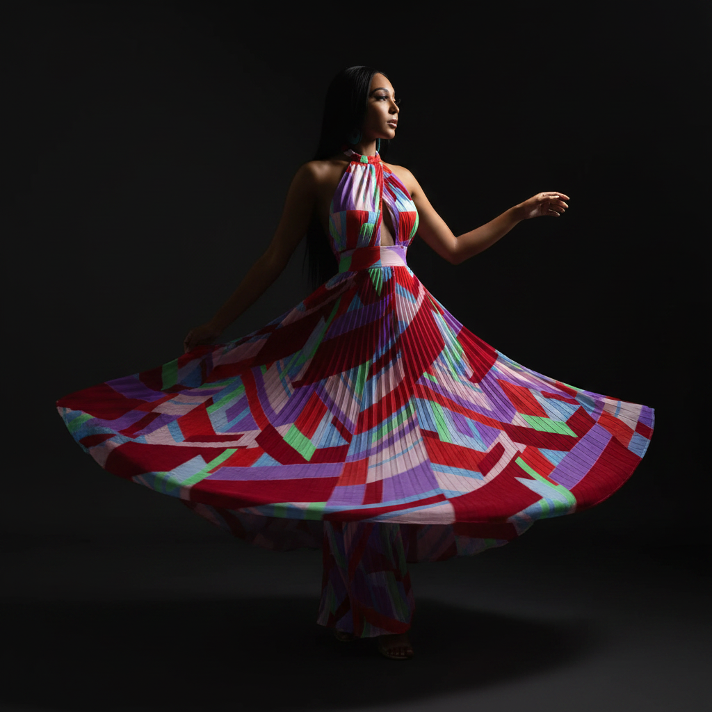 Halter Neck Geometric Print Pleated Maxi Dress