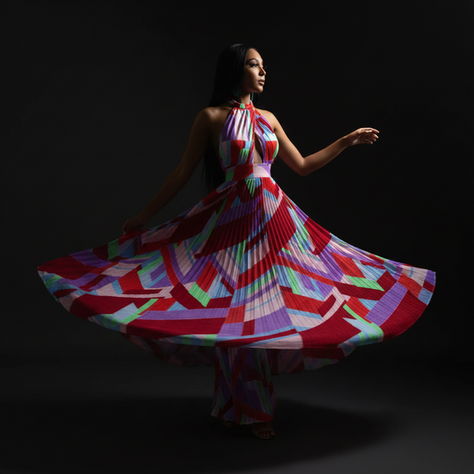 Halter Neck Geometric Print Pleated Maxi Dress