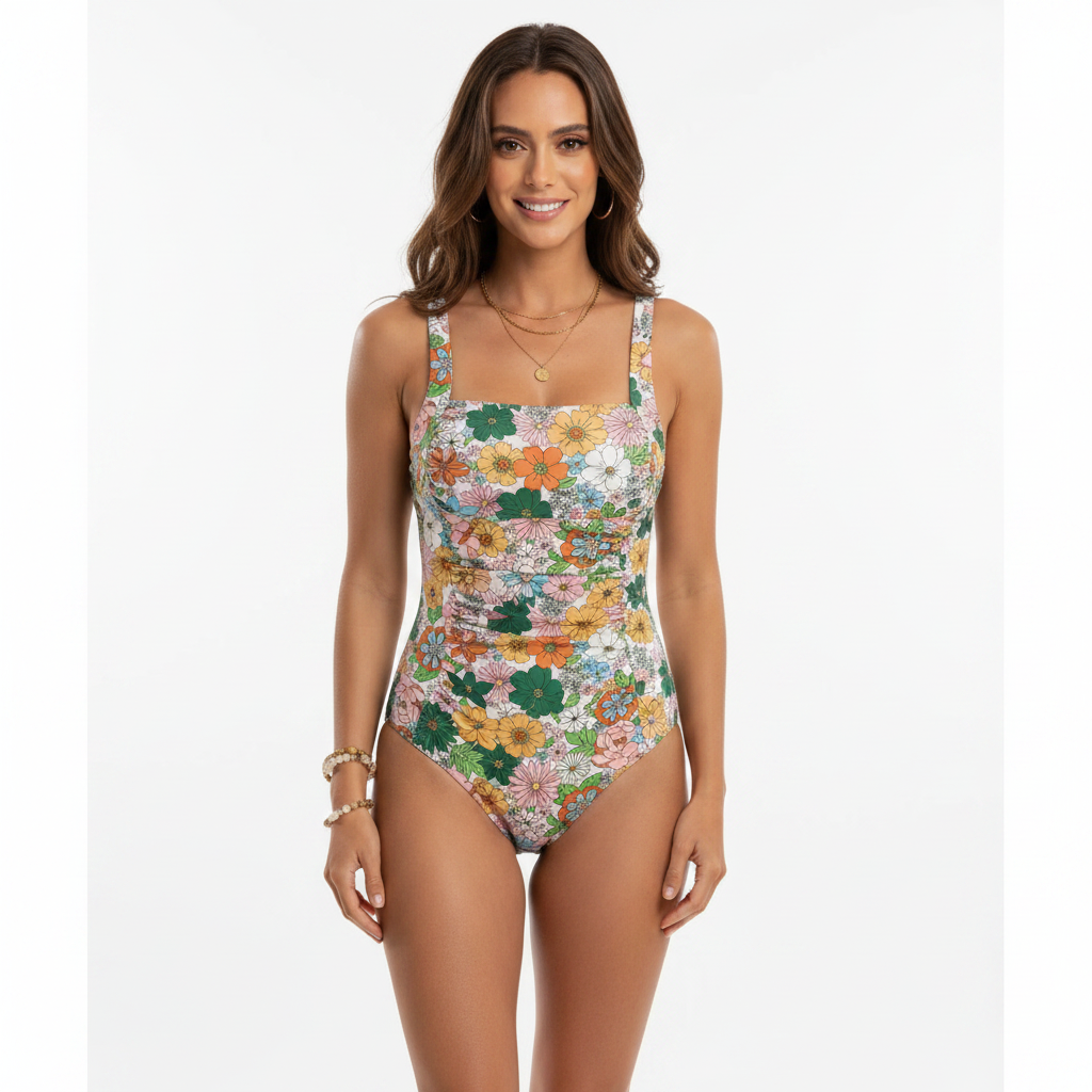 Printed Square Neck Wide Strap One-Piece Swimwear