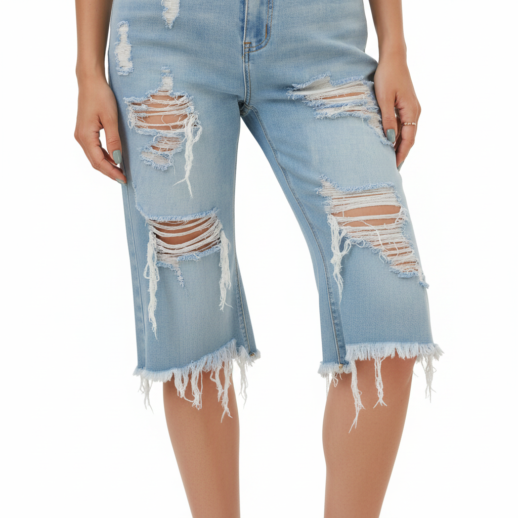 Distressed Raw Hem Denim Bermuda Shorts