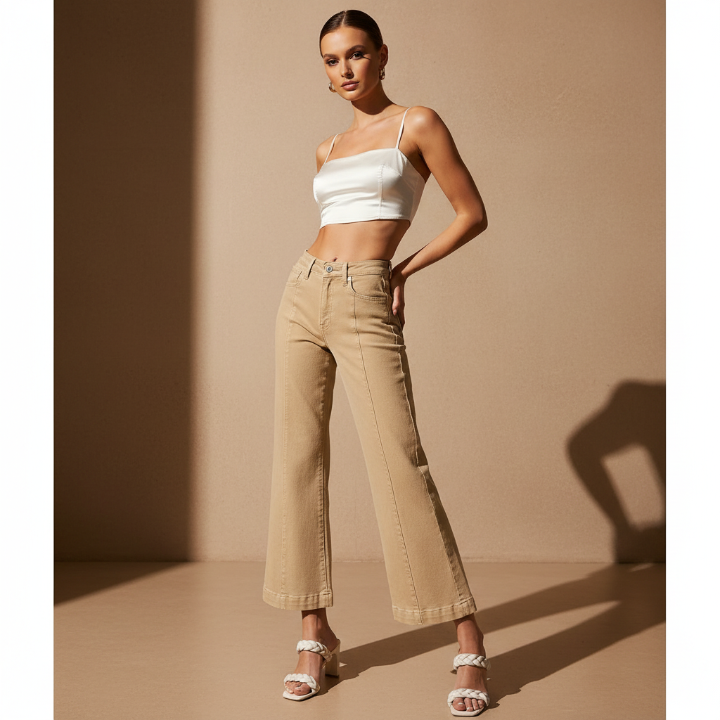 Solid Color Seamed Center Wide Leg Cropped Jeans