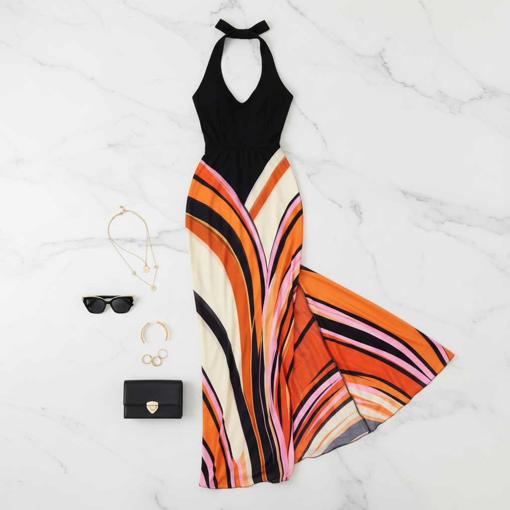 Halter Neck Maxi Dress with Abstract Print
