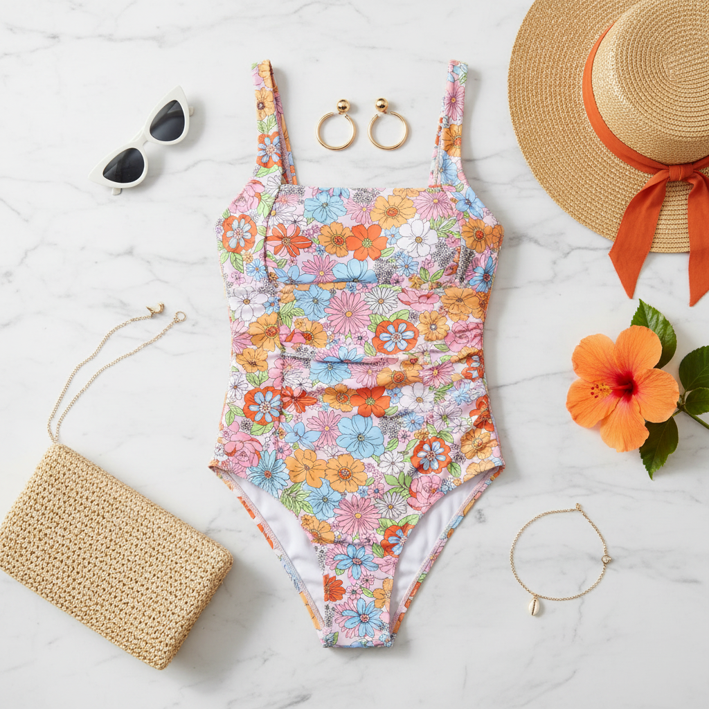 Printed Square Neck Wide Strap One-Piece Swimwear