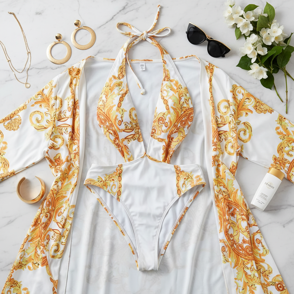 Printed Plunge Halter Neck Swimwear and Cardigan Set