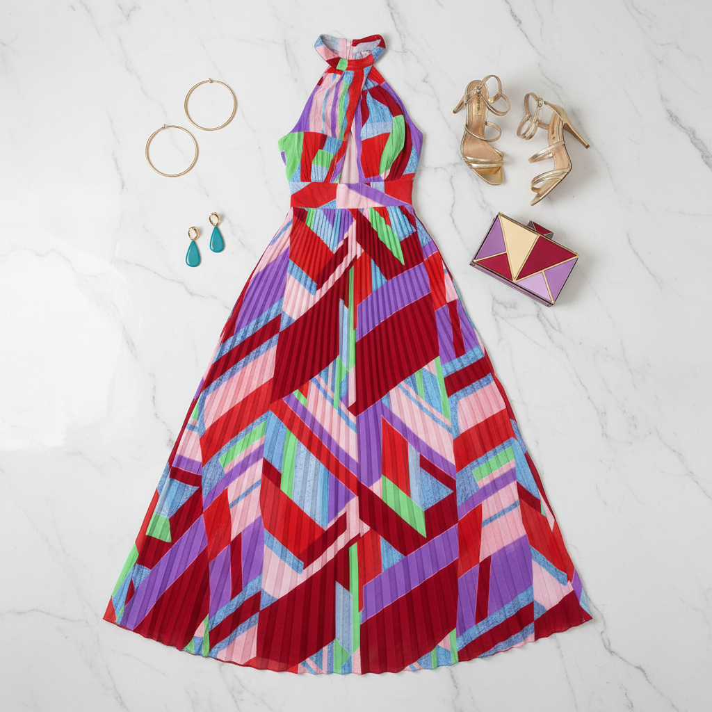 Halter Neck Geometric Print Pleated Maxi Dress