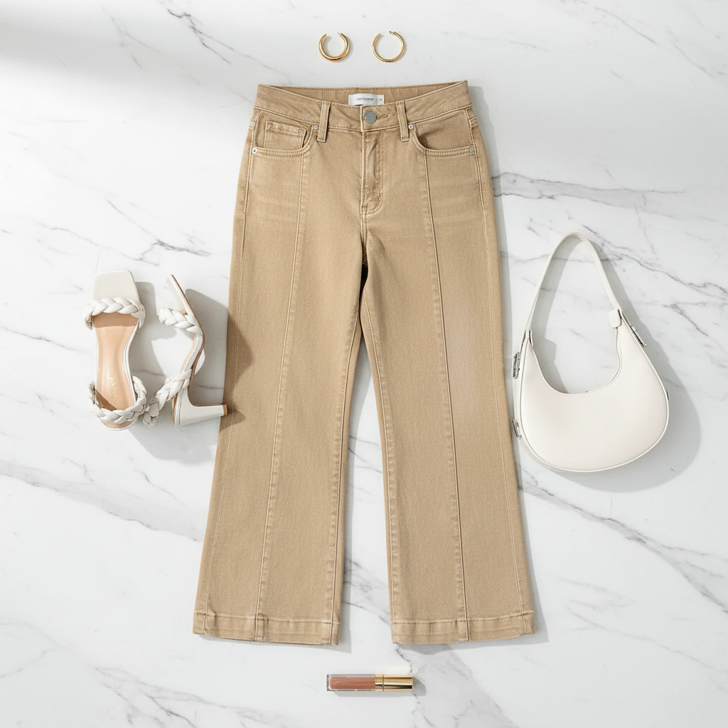 Solid Color Seamed Center Wide Leg Cropped Jeans