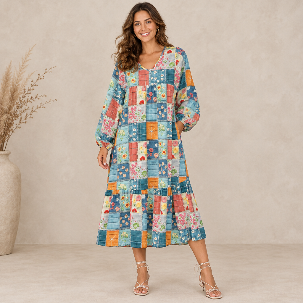 Floral Checkered V-Neck Dress