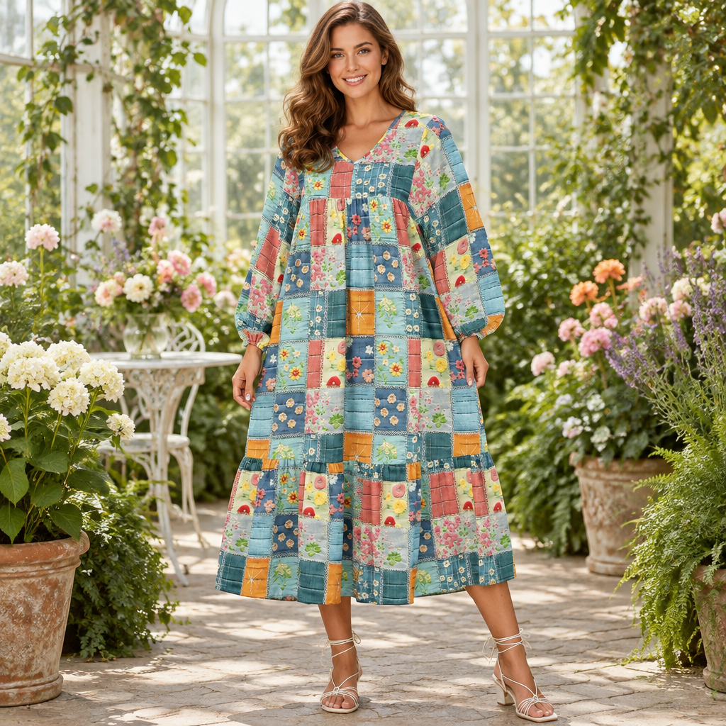 Floral Checkered V-Neck Dress