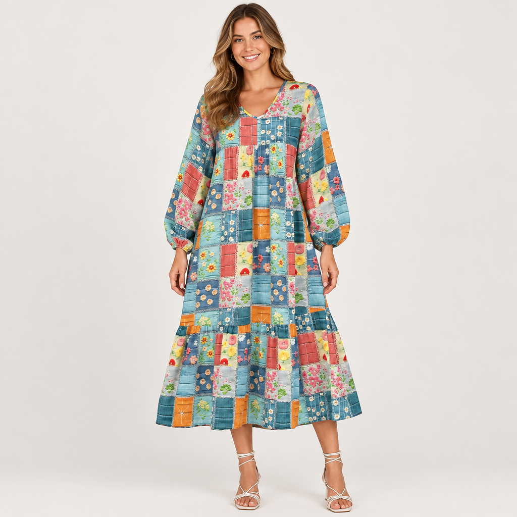 Floral Checkered V-Neck Dress