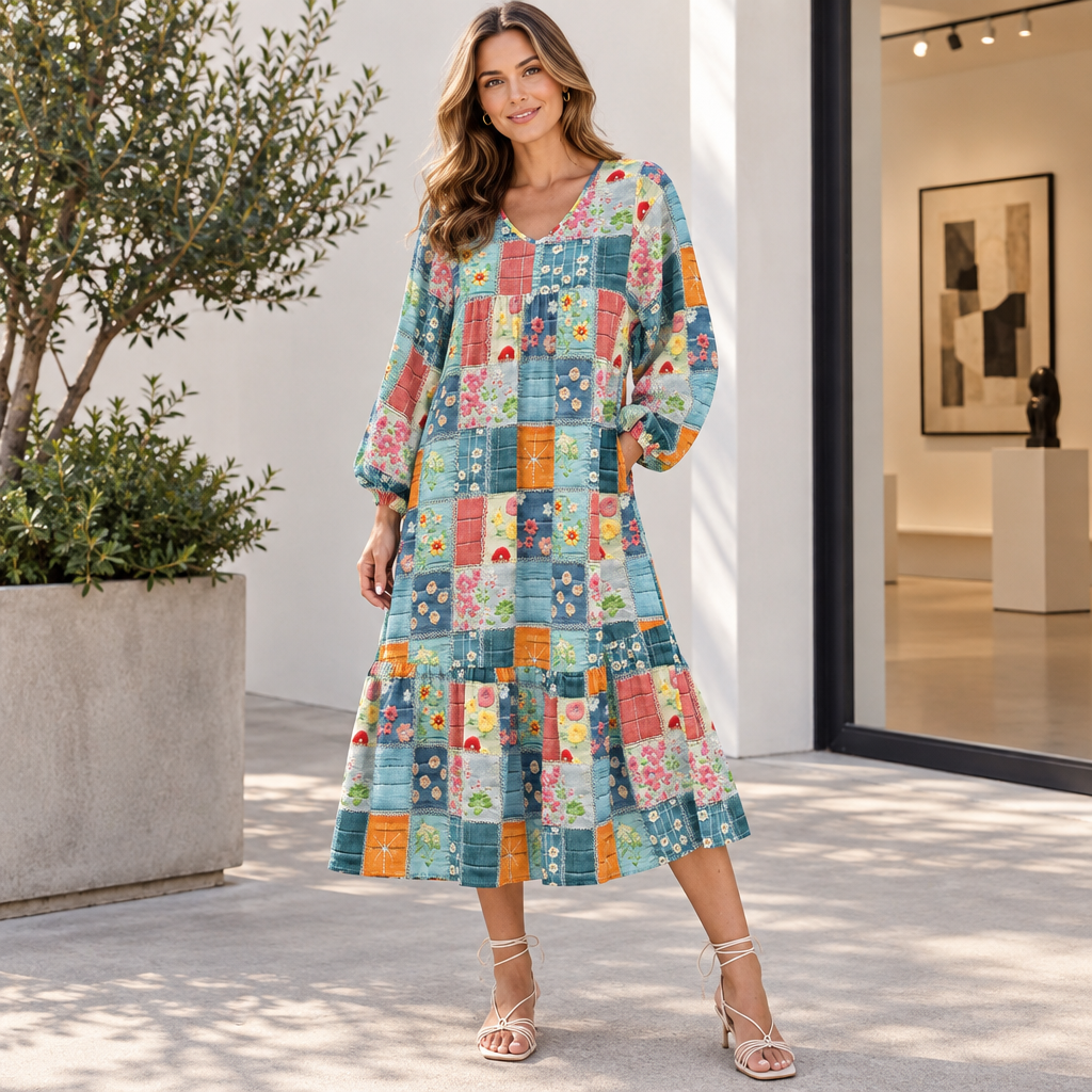 Floral Checkered V-Neck Dress