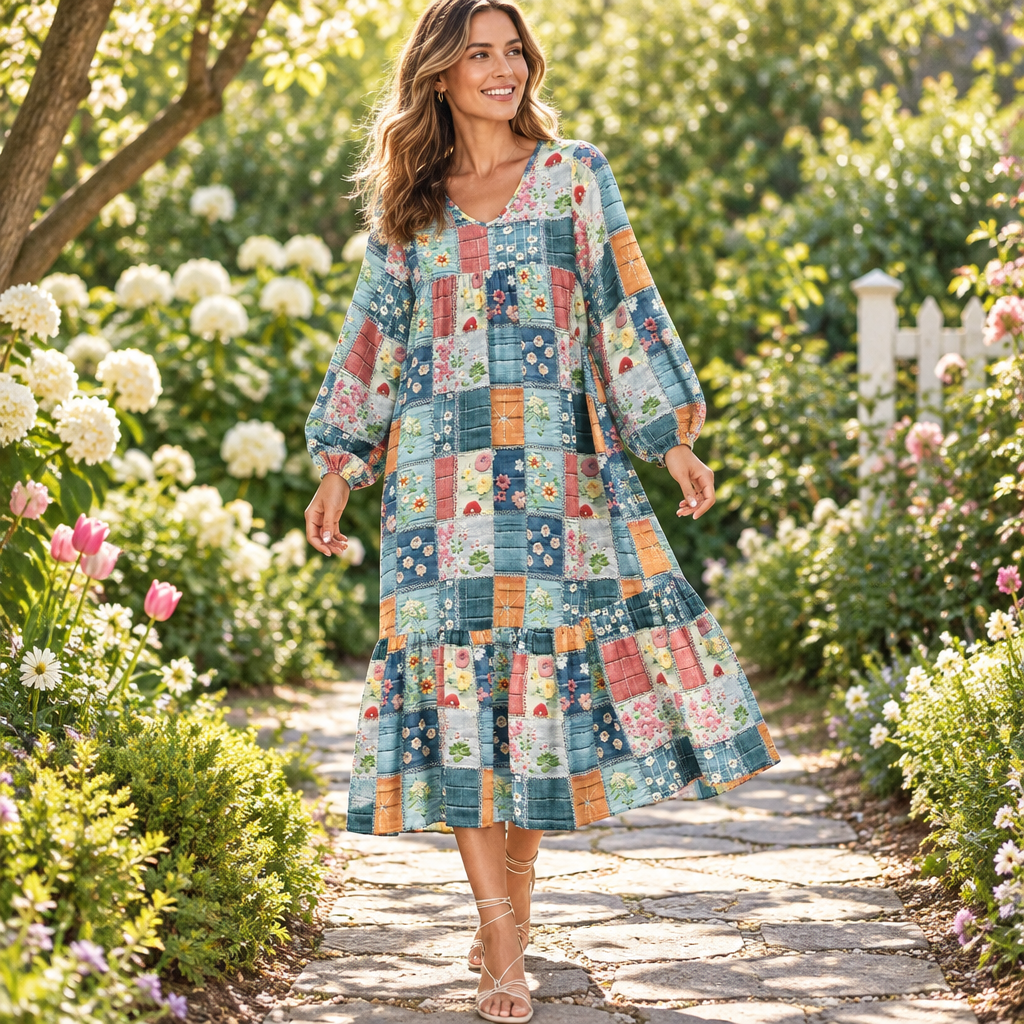 Floral Checkered V-Neck Dress