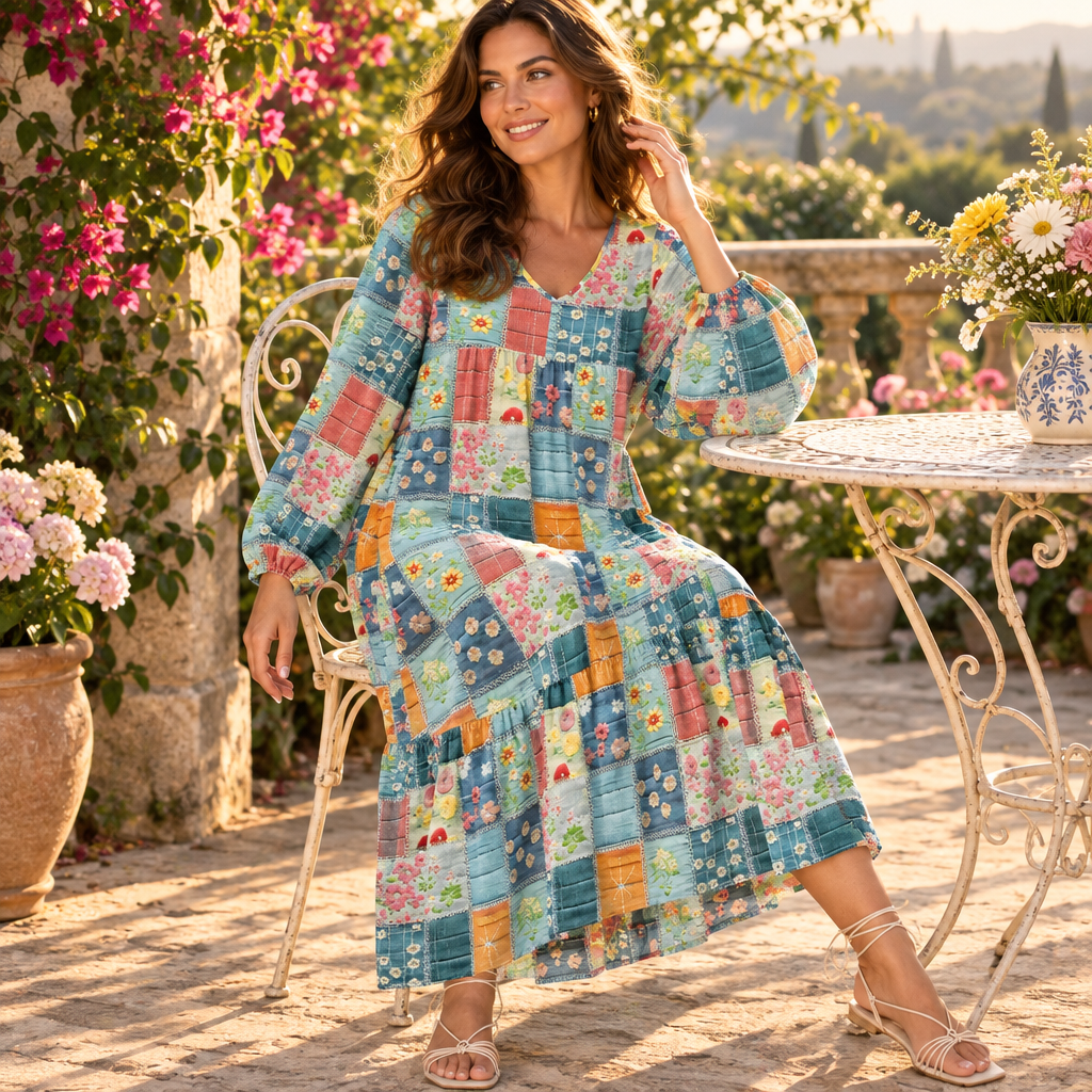 Floral Checkered V-Neck Dress