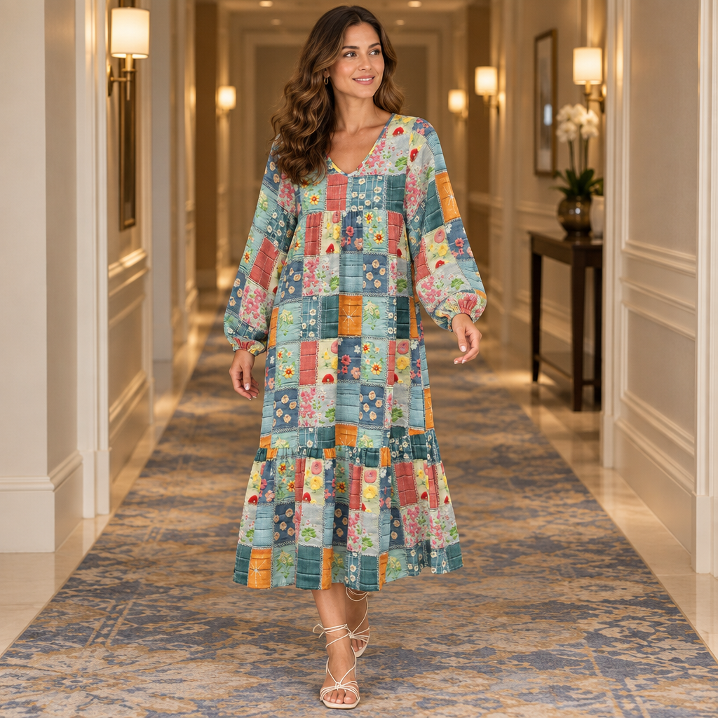 Floral Checkered V-Neck Dress
