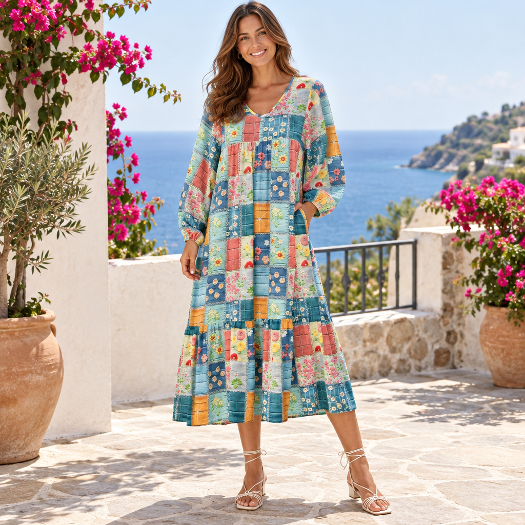Floral Checkered V-Neck Dress