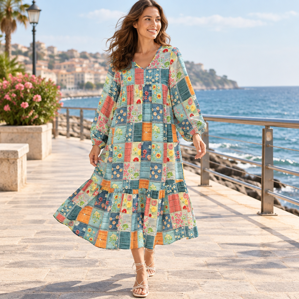 Floral Checkered V-Neck Dress