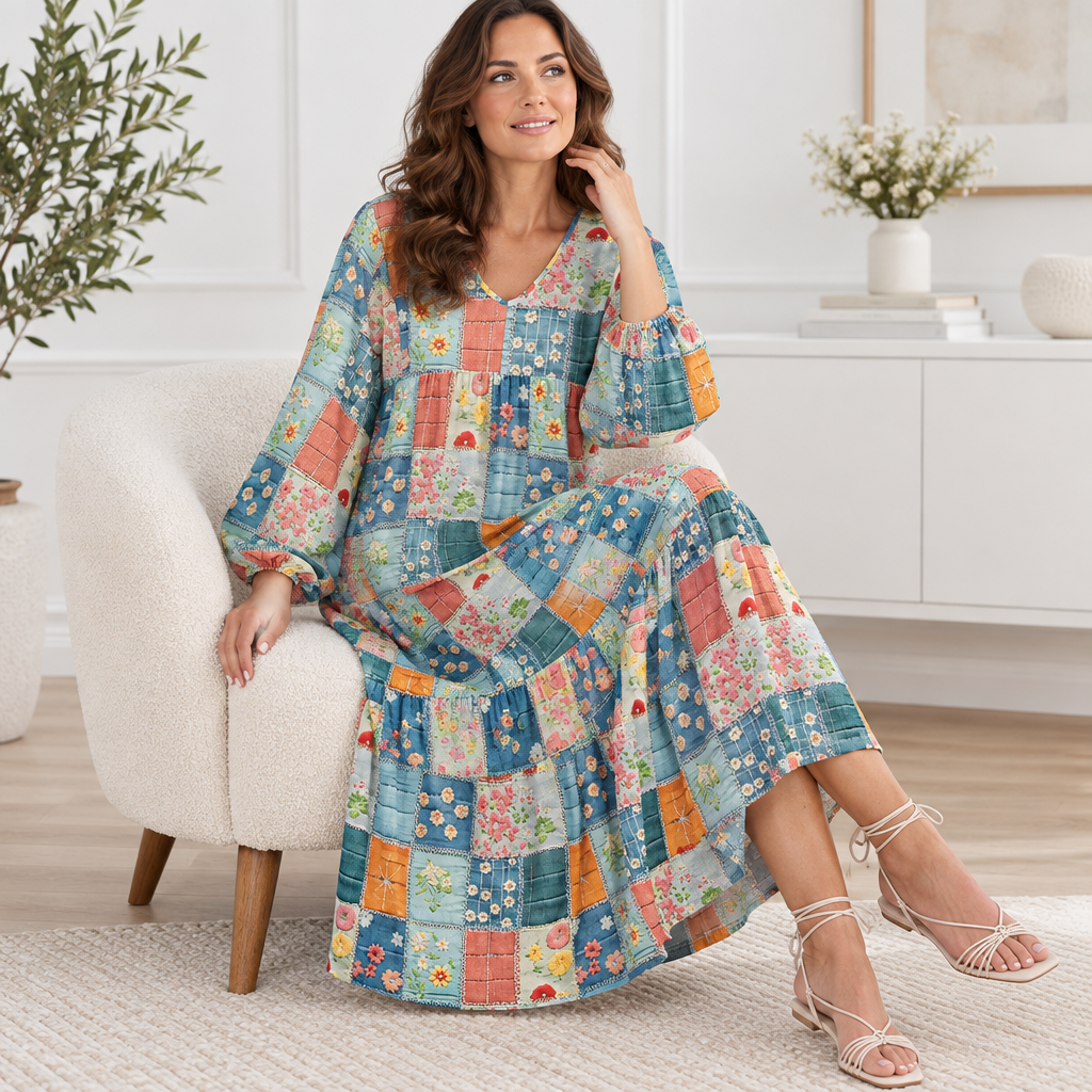 Floral Checkered V-Neck Dress
