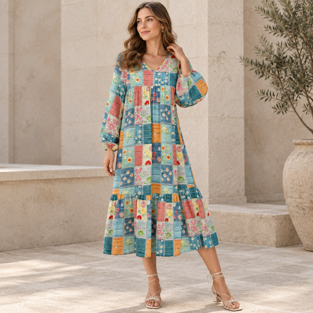 Floral Checkered V-Neck Dress