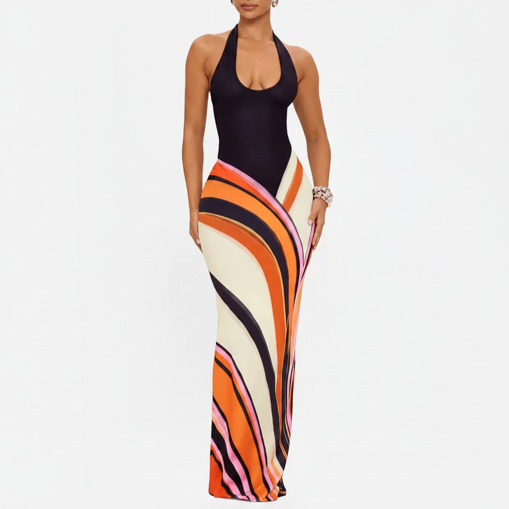Halter Neck Maxi Dress with Abstract Print