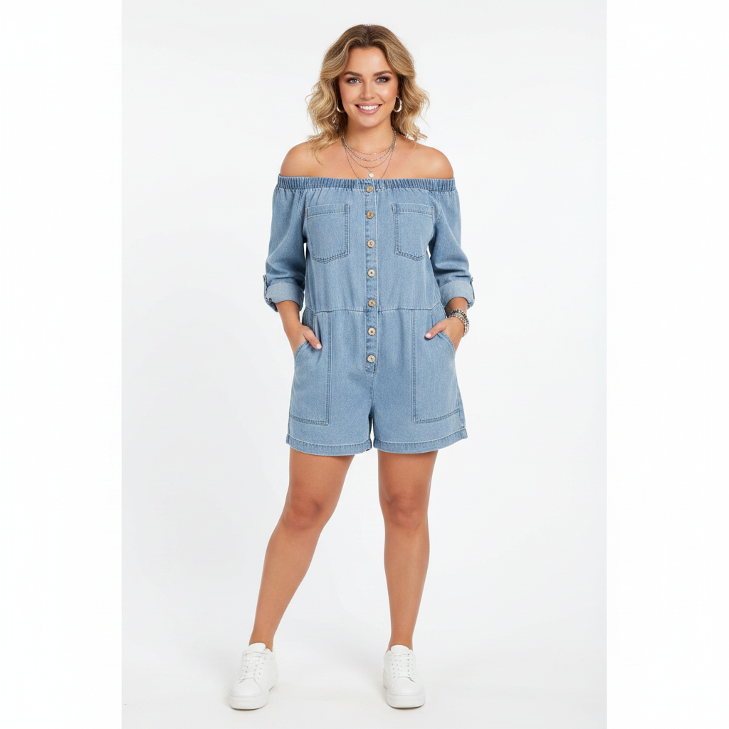 Full Size Button-Down Front Off Shoulder Romper Plus Size