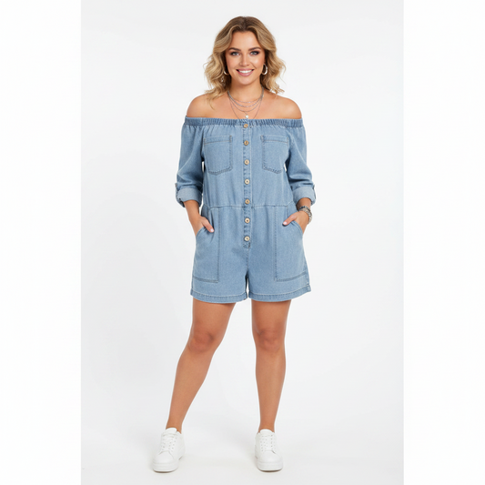 Full Size Button-Down Front Off Shoulder Romper Plus Size