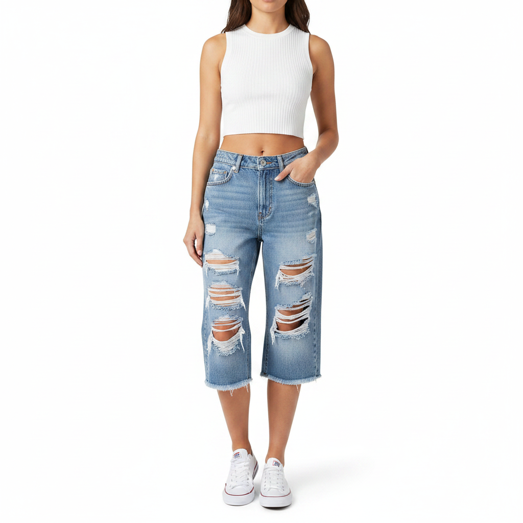 Distressed Raw Hem Denim Bermuda Shorts