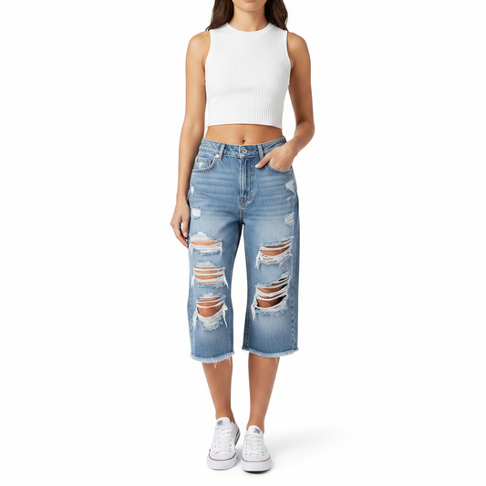 Distressed Raw Hem Denim Bermuda Shorts