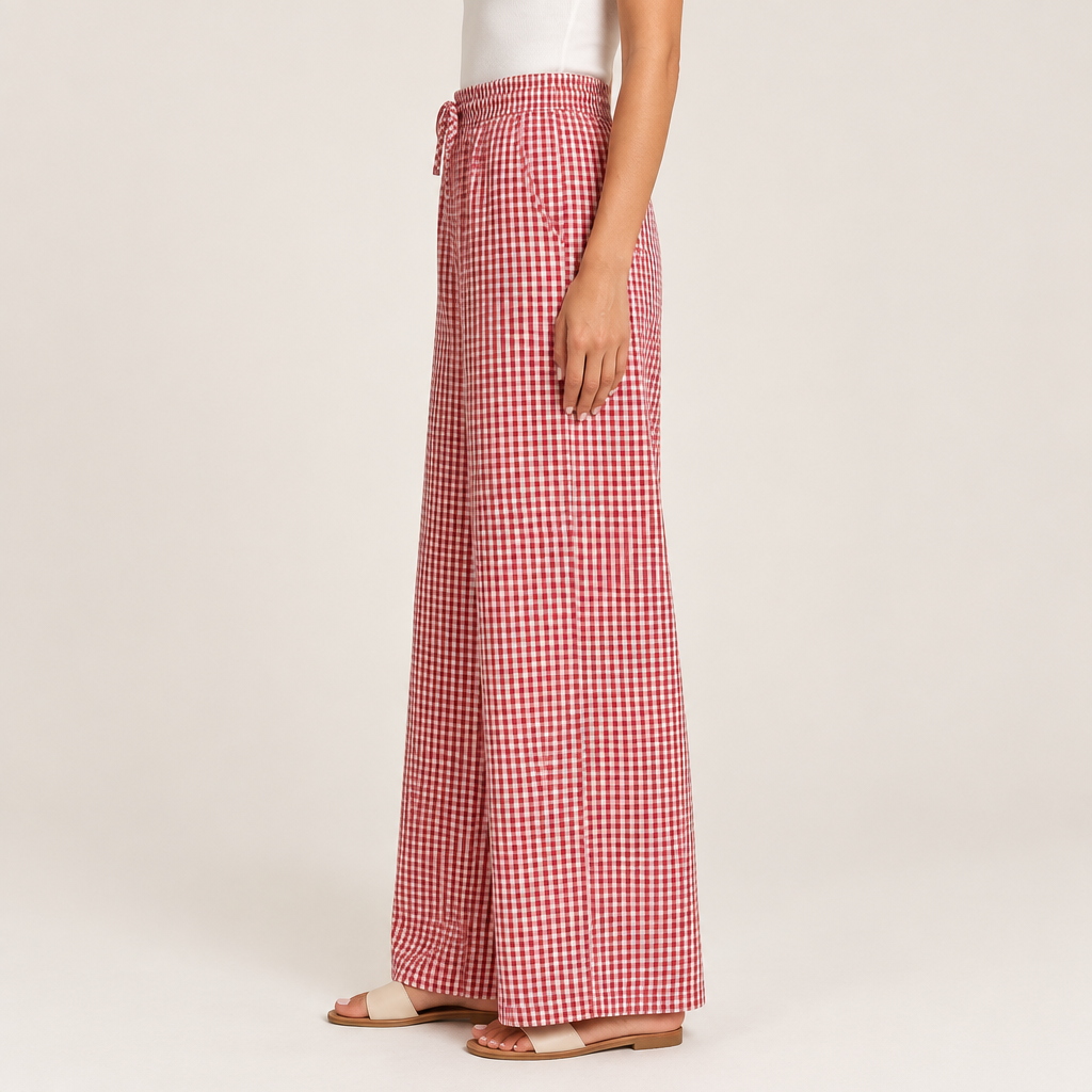 Red gingham wide-leg pants, side