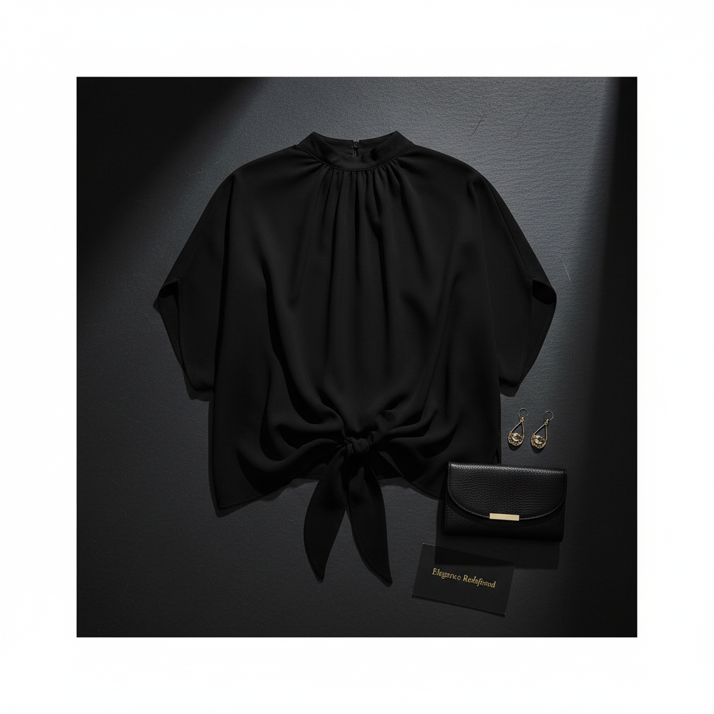Black Tie Back Slit Half Sleeve Blouse - Flat Lay