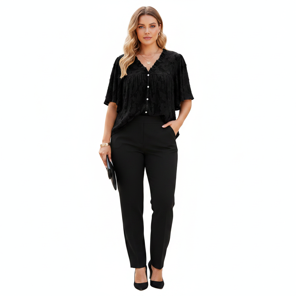 Black textured V-neck button-down shirt - studio front view