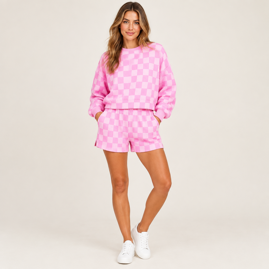 Pink checkerboard top and shorts set, campaign hero