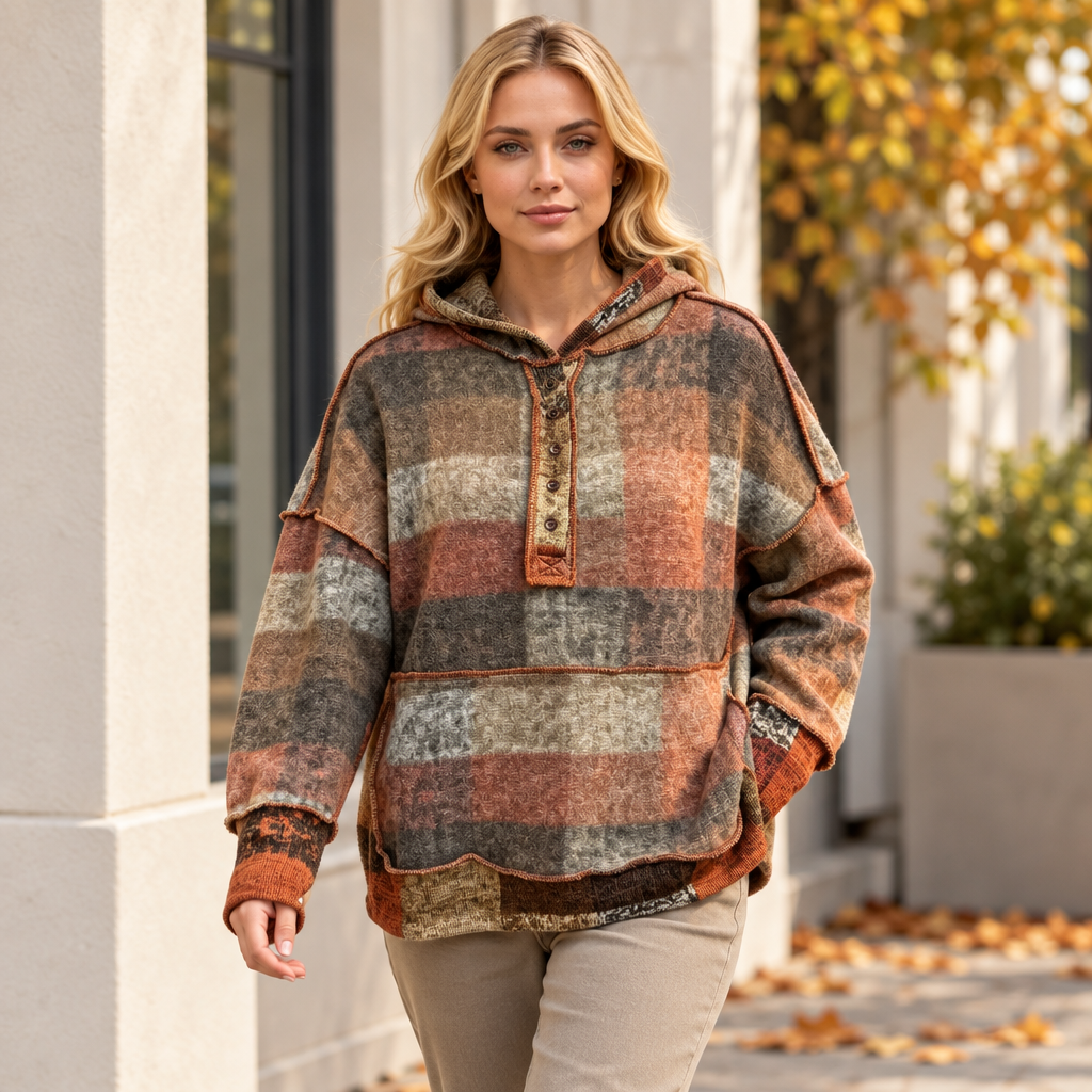 Tangerine plaid dropped-shoulder fleece hoodie, cafe