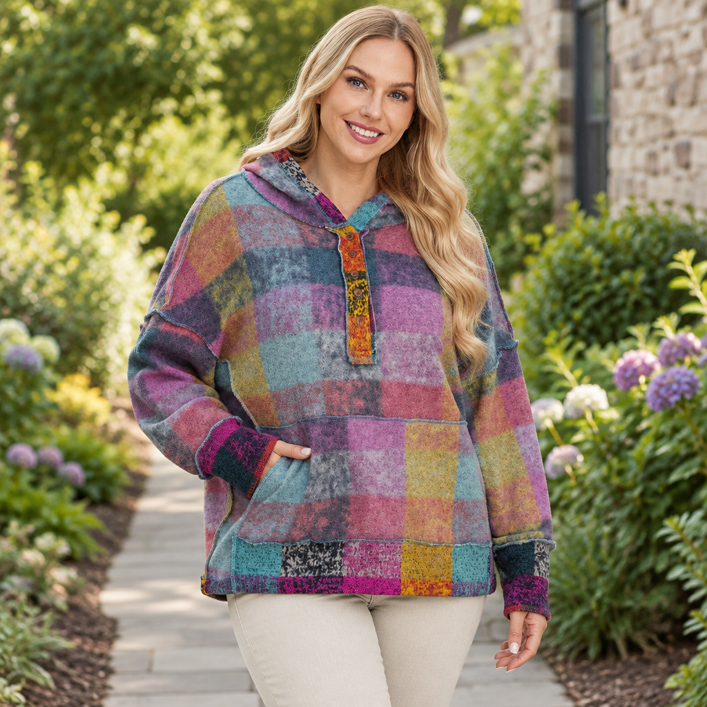 Heliotrope purple plaid dropped-shoulder fleece hoodie, garden