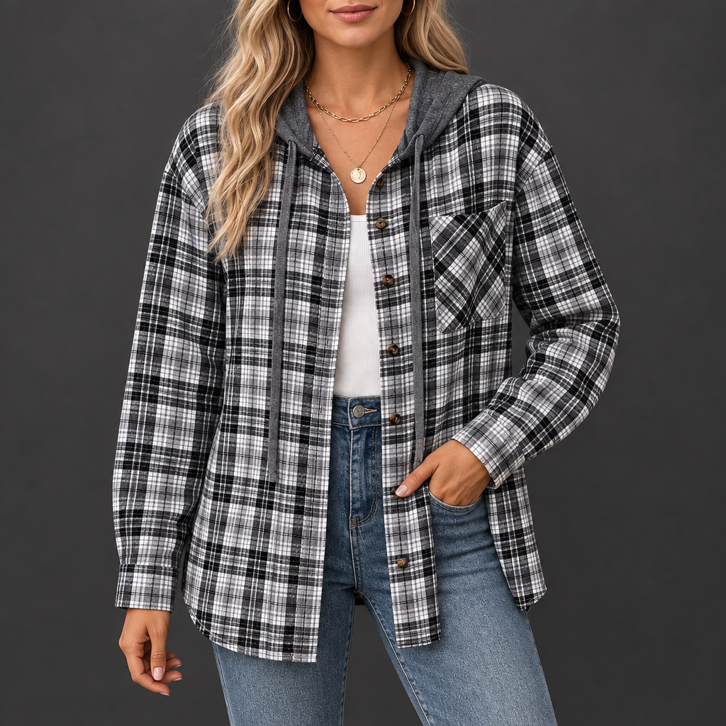 Black plaid button-up hooded shirt with chest pocket in a studio view